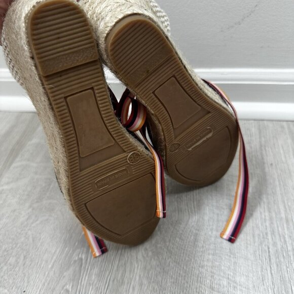 BODEN Cassie Navy Suede Wedge Espadrille Sandals Sz 38 Multistripe Ribbons Boho - Picture 9 of 10